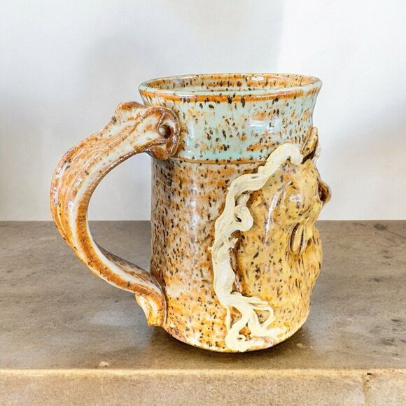 Hand Made Stoneware Pottery Coffee Mug Cup Unicorn Horse Raised Mug Brown VTG - Picture 2 of 16
